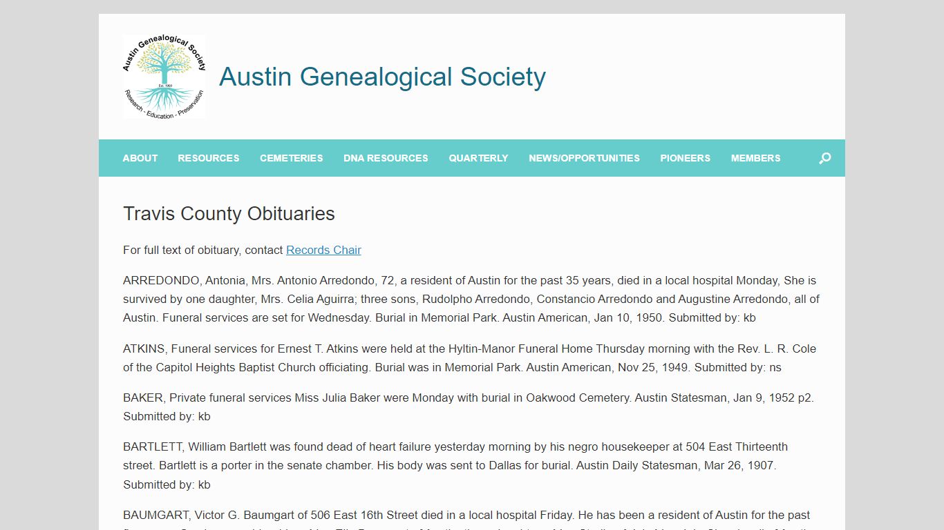Travis County Obituaries – Austin Genealogical Society